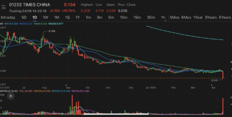 Property developer Times China tumbled more than 50% to hit new record low on liquidation petition